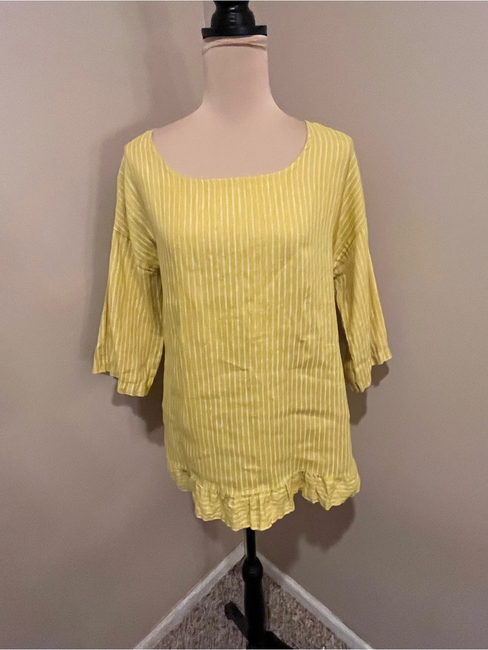 Euro Summer Lungo L’arno Linen Muted Striped Scoop Neck Tunic, ruffle, size M